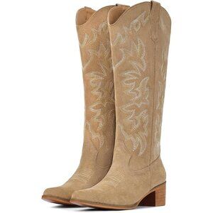 Women Faux Leather Black Side Zipper Chunky Heel Knee High Western Cowgirl Boots